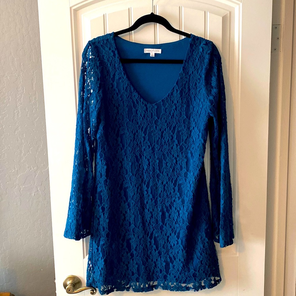 Lacy knit overlay mini dress.